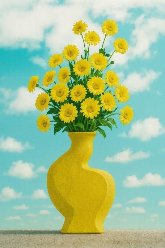 Bloemenschilderij Sunny Delight – gele bloemen in vaas tegen blauwe lucht