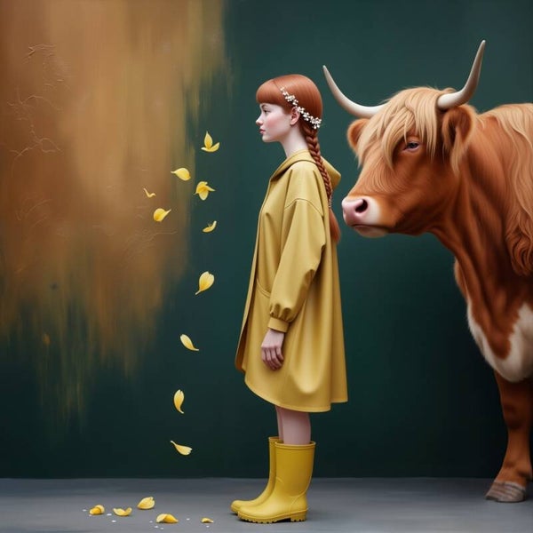 Gele Regen en Rust – landelijk schilderij met meisje, bloemblaadjes en rund