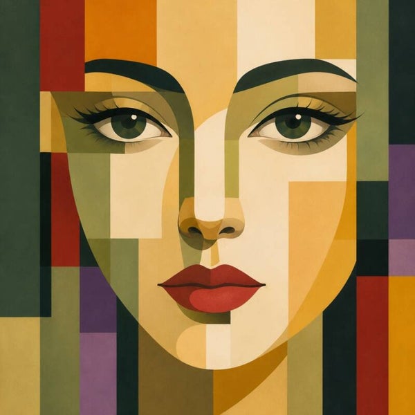 Geometrische Blik – abstract vrouw schilderij in art deco stijl
