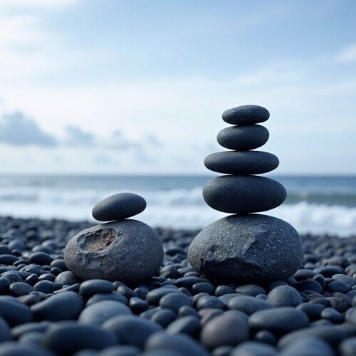 Minimalistisch landschap schilderij met gestapelde stenen in zenstijl, ideaal als serene wanddecoratie