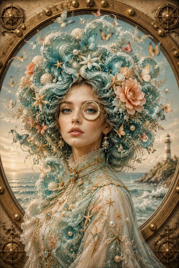 Getijden van Goud – vrouw schilderij met zeesterren, vlinders en vuurtoren