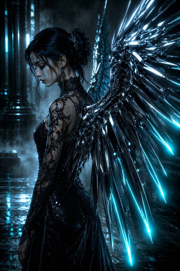 Midnight Seraph – donkere engel met metalen vleugels schilderij