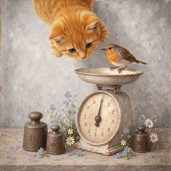 Gewogen Nieuwsgierigheid – poes en roodborstje schilderij