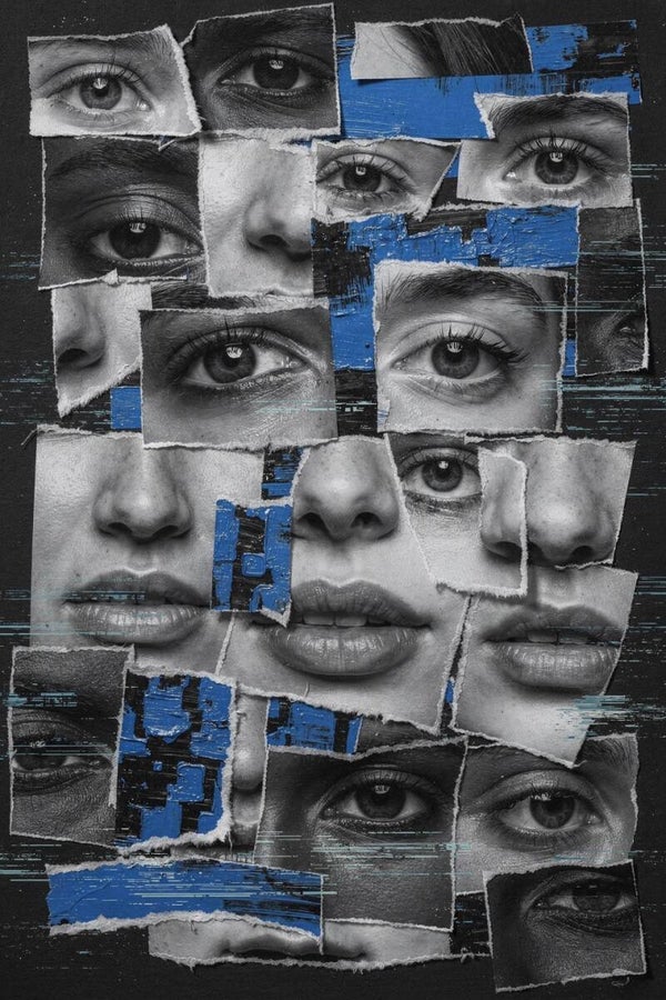 Fragmenten van Blik – schilderij gezicht met ogen, collage mix media kunst