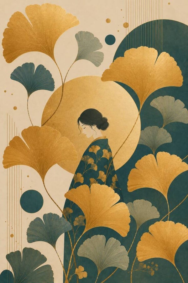 Ginkgo Droom - vrouw schilderij met gouden ginkgobladeren