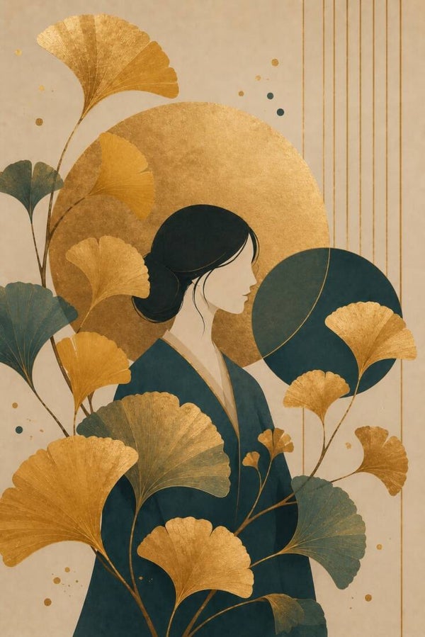 Ginkgo Gloed - botanisch vrouw portret met gouden bladeren