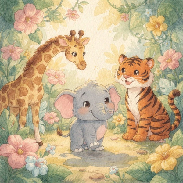 Jungle vriendjes – giraf olifant tijger kinderkamer schilderij safari dieren