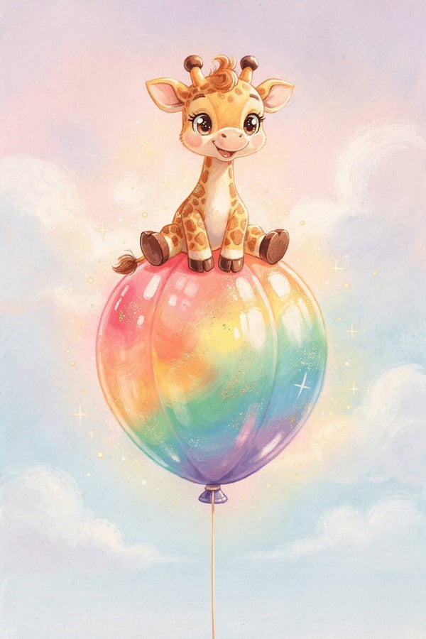 Baby giraf op regenboogballon – schilderij kinderkamer