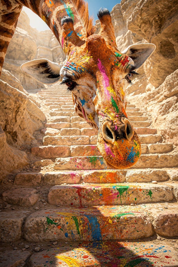 Color Splash Safari – schilderij giraf met verf op trap