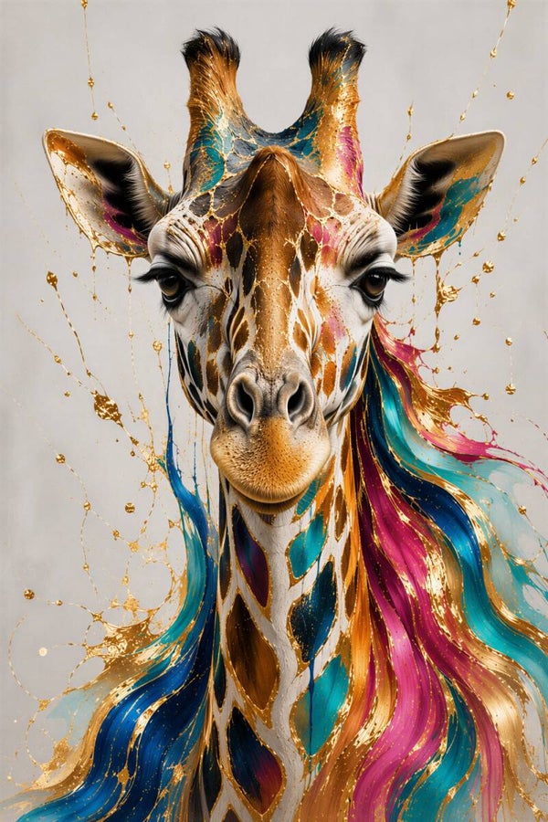 Gouden Hoogte – kleurrijk giraffe schilderij met goud