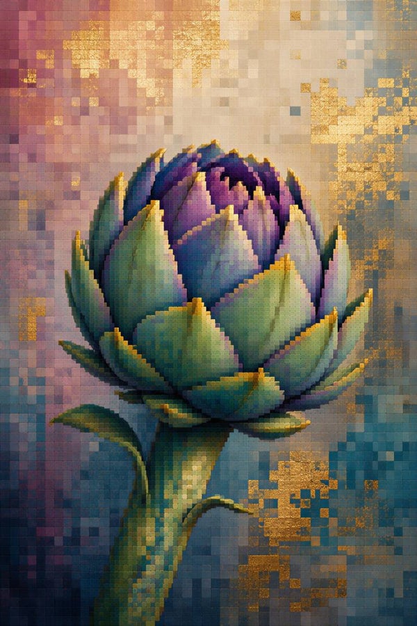 Golden Artichoke – artisjok schilderij in pixelstijl met paars groen en goud