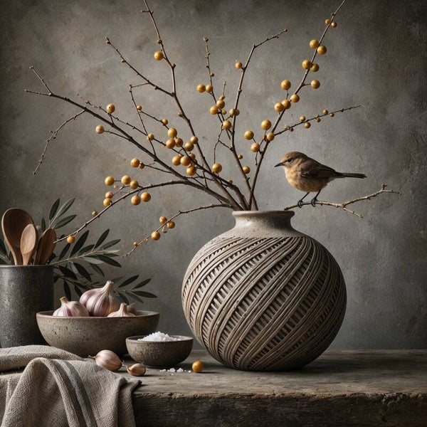 Golden Berries – landelijk stilleven met vaas, vogeltje en bessentakken