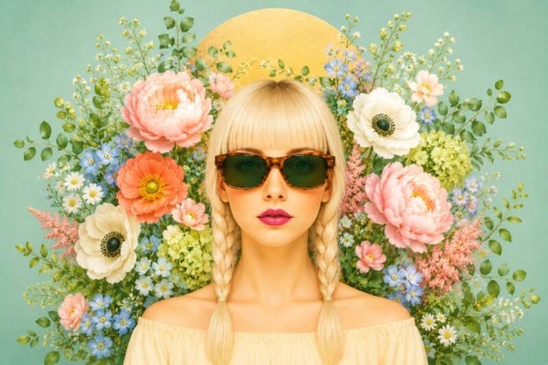 Golden Garden Reverie – Romantisch vrouw schilderij met bloemen en zonnebril