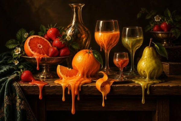 Golden Indulgence – luxe stilleven met citrusfruit, aardbeien en glazen