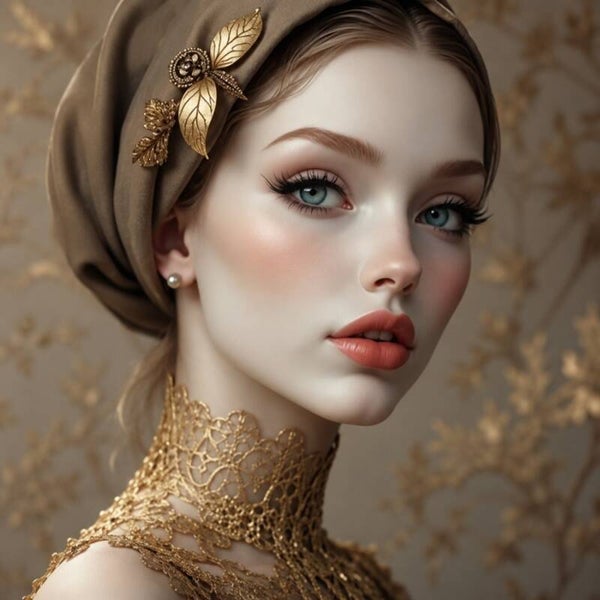 Golden Muse – vrouw schilderij met gouden details en blauwe ogen