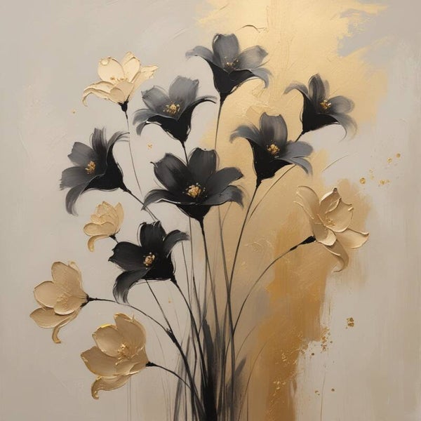 Golden Noir Garden – abstract bloemenschilderij in zwart en goud