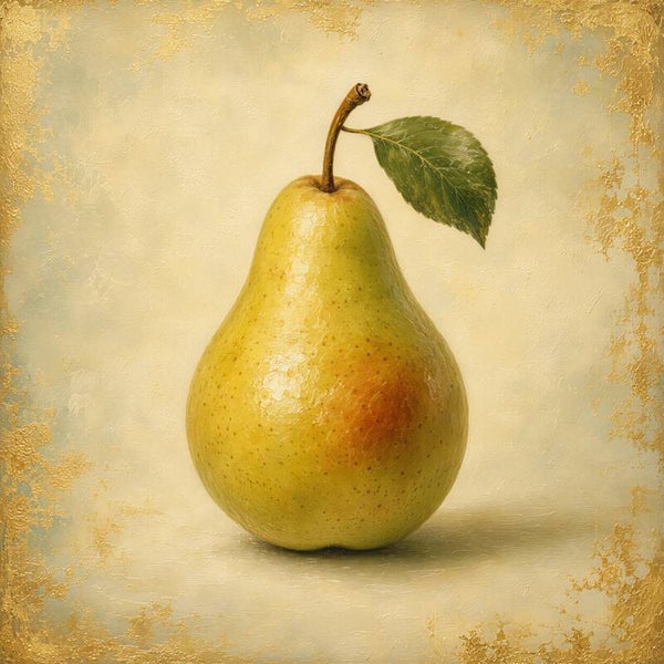Golden Pear – gele peer schilderij met goud en warme crèmetinten