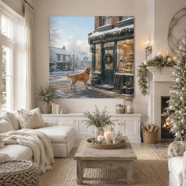 Winterse Verleiding – golden retriever schilderij bij bakkerij
