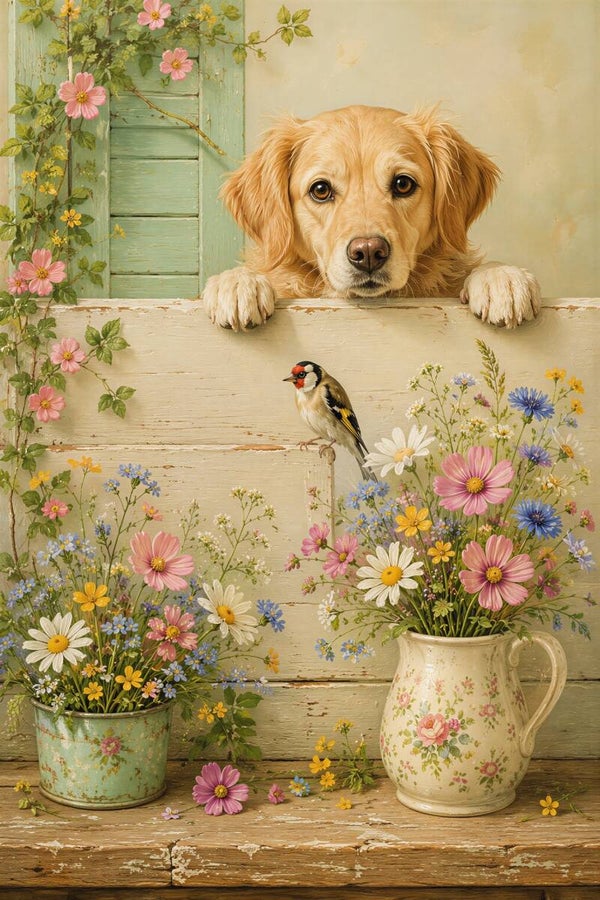 Nieuwsgierige Blik – schilderij Golden Retriever, distelvink en veldbloemen