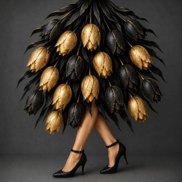 Golden Tulip Couture – Modekunst met zwarte en gouden tulpenrok