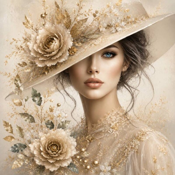 Golden Whisper – Vrouw schilderij met bloemenhoed en gouden details