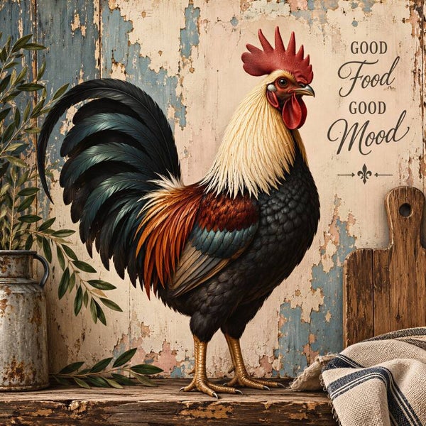 Good Food Good Mood – landelijke haan wanddecoratie