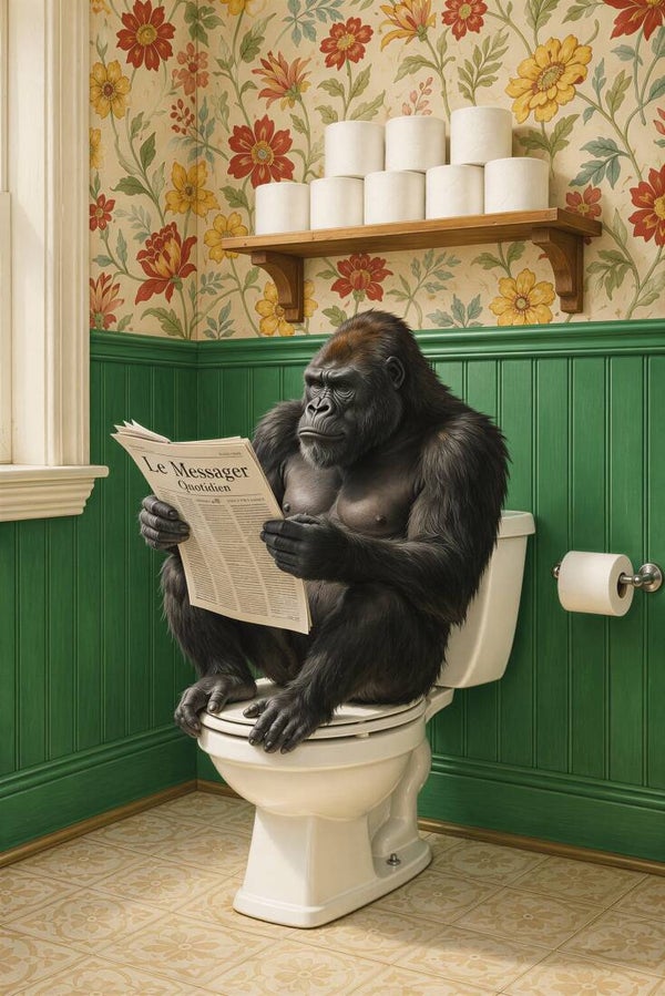 Tropen Troon – gorilla schilderij op toilet met krant in botanische badkamer