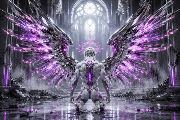 Silent Ascension – geknielde engel met paarse vleugels schilderij