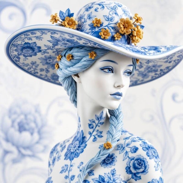 Gouden Bloei van Delft – Delfts blauw portret met bloemenhoed