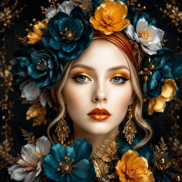 Gouden Bloei – vrouw schilderij met bloemen