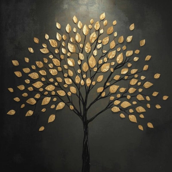 Gouden Groei – schilderij met boom en gouden bladeren op donker vlak