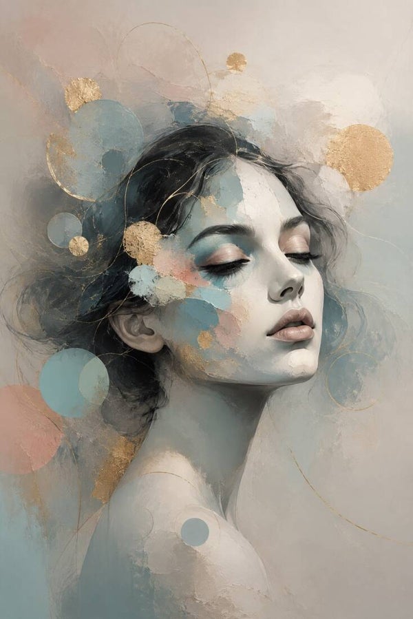 Gouden Droomlagen – abstract vrouw schilderij in blauw en goud