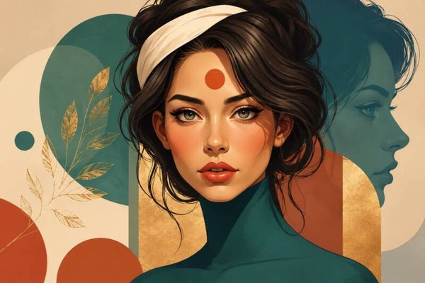 Gouden Echo – abstract vrouw schilderij met geometrische vormen