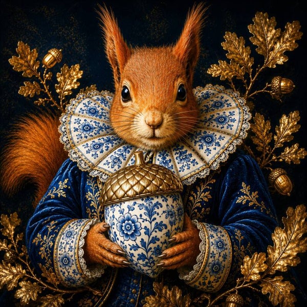 Gouden Eikelbewaarder – eekhoorn schilderij in Delfts blauw met gouden eikel