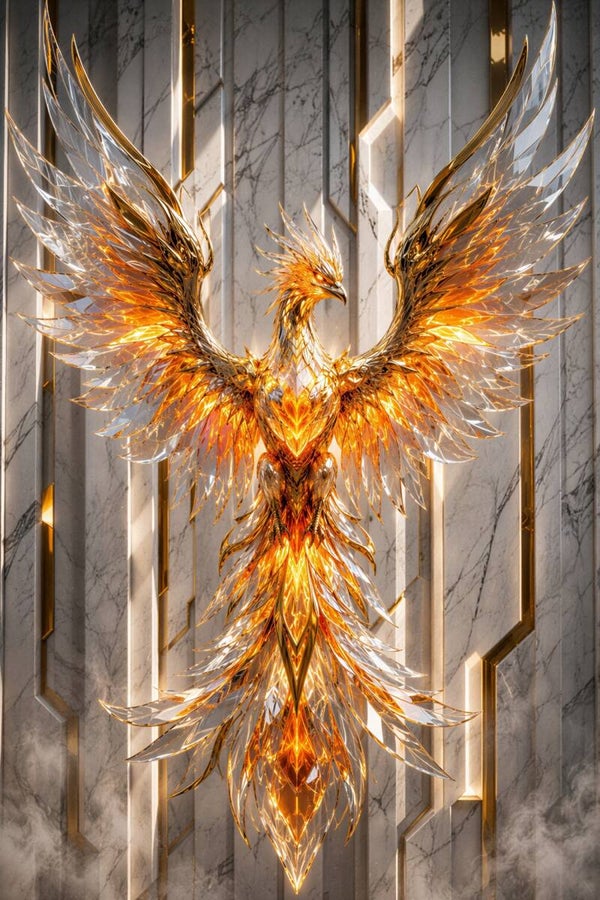 Eternal Flame – Gouden Feniks Fantasy Schilderij in Wit Oranje en Goud