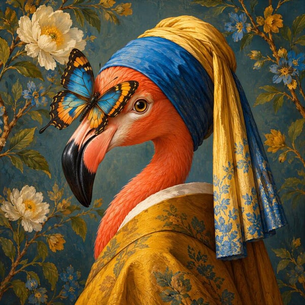 Gouden Flamingoparel – flamingo schilderij met vlinder in blauw, goud en koraal