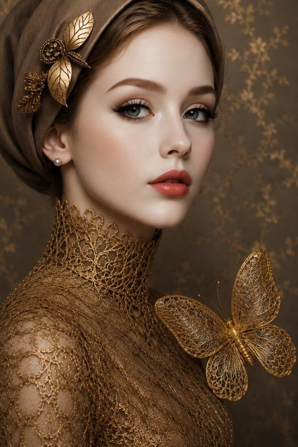 Gouden Fluistering – vrouw schilderij met vlinder en gouden details
