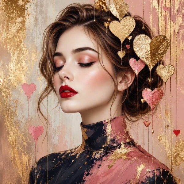 Gouden Hartslag – vrouw schilderij met gouden harten