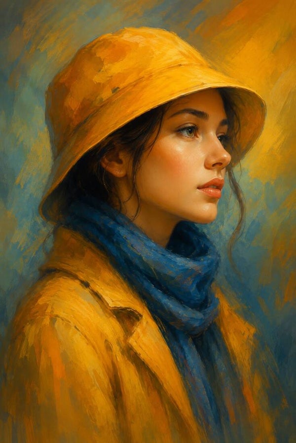 Gouden Horizon – modern portret schilderij met gele hoed