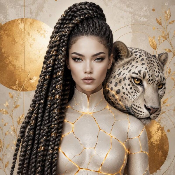 Gouden Instinct – vrouw schilderij met luipaard en gouden accenten