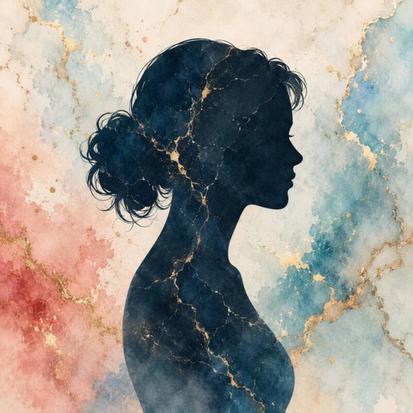 Gouden Lijnen – abstract vrouw schilderij in blauw en roze