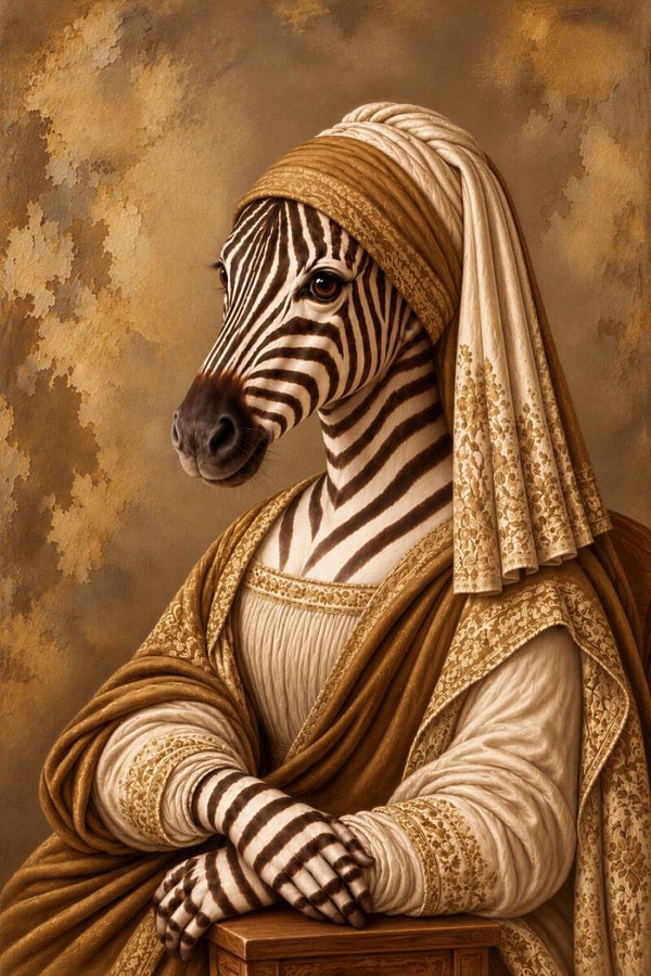 Gouden Mona Zebra – zebra schilderij in Mona Lisa stijl met goud en beige