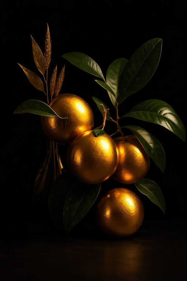 Gouden Oogst – luxe stilleven met gouden citrusvruchten en groene bladeren