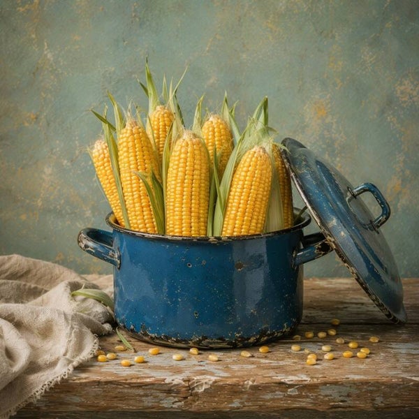 Gouden Oogstfeest – landelijk schilderij met maïskolven in vintage emaille pan