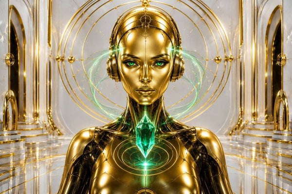 Golden Emerald Synth - Luxe Gouden Robot Schilderij met Smaragd Kristal