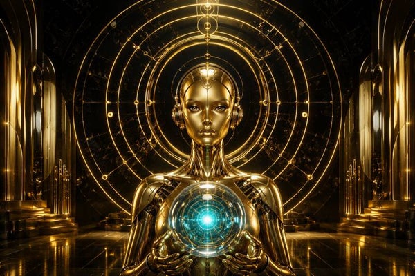 Golden Oracle - Luxe Gouden Robot Schilderij met Turkoois Kristallen Bol