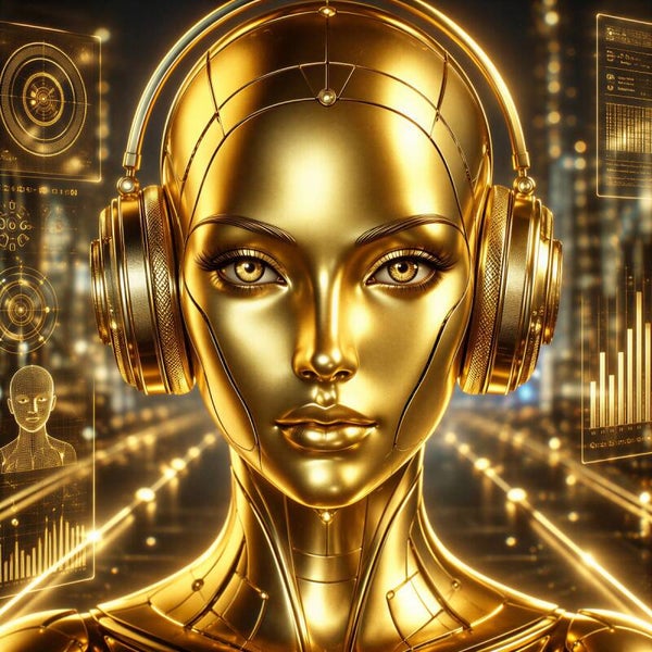 Golden Synth - Luxe Gouden Robot Gynoid Schilderij met Hoofdtelefoon