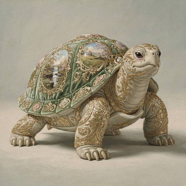 Gouden Rust – schilderij met sierlijke schildpad en velvet details