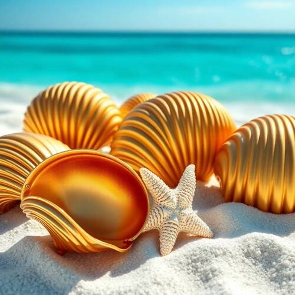 Gouden Schelpen aan Zee – Luxe Stranddecoratie op Schilderij