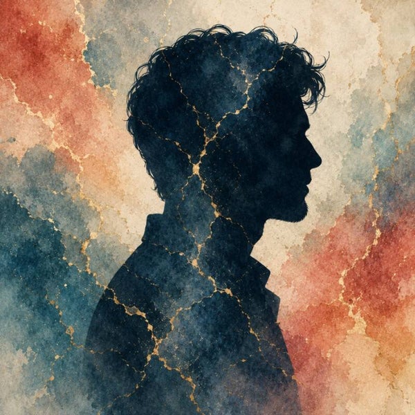 Gouden Sporen – abstract man schilderij in blauw en koper